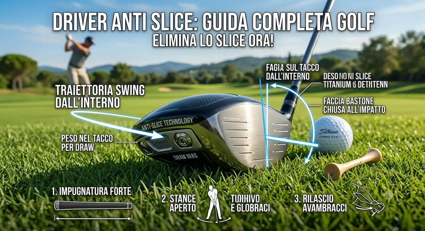Illustrazione di un driver anti slice con indicazioni grafiche per eliminare lo slice nel golf