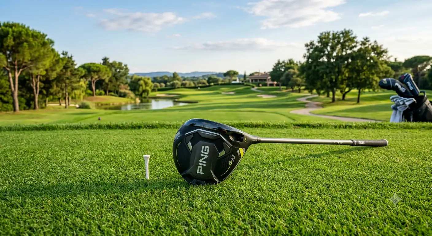 Panoramica di un driver Ping da golf di ultima generazione su un campo verde