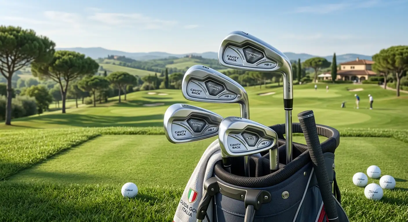 Illustrazione di set di ferri cavity back da golf ideali per giocatori principianti e ad alto handicap