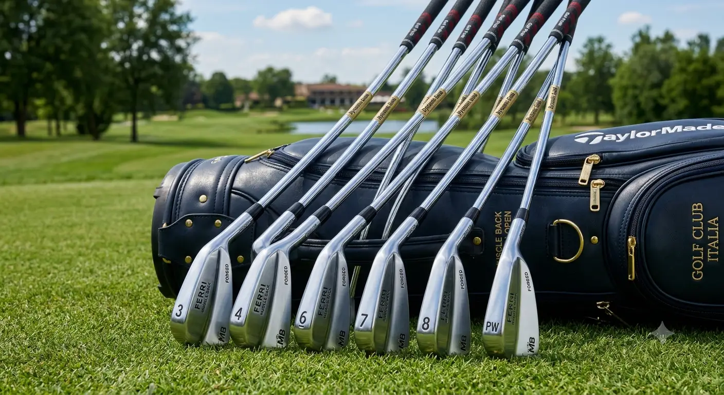 Set completo di ferri muscle back per il golf appoggiati su sacca da gioco professionale