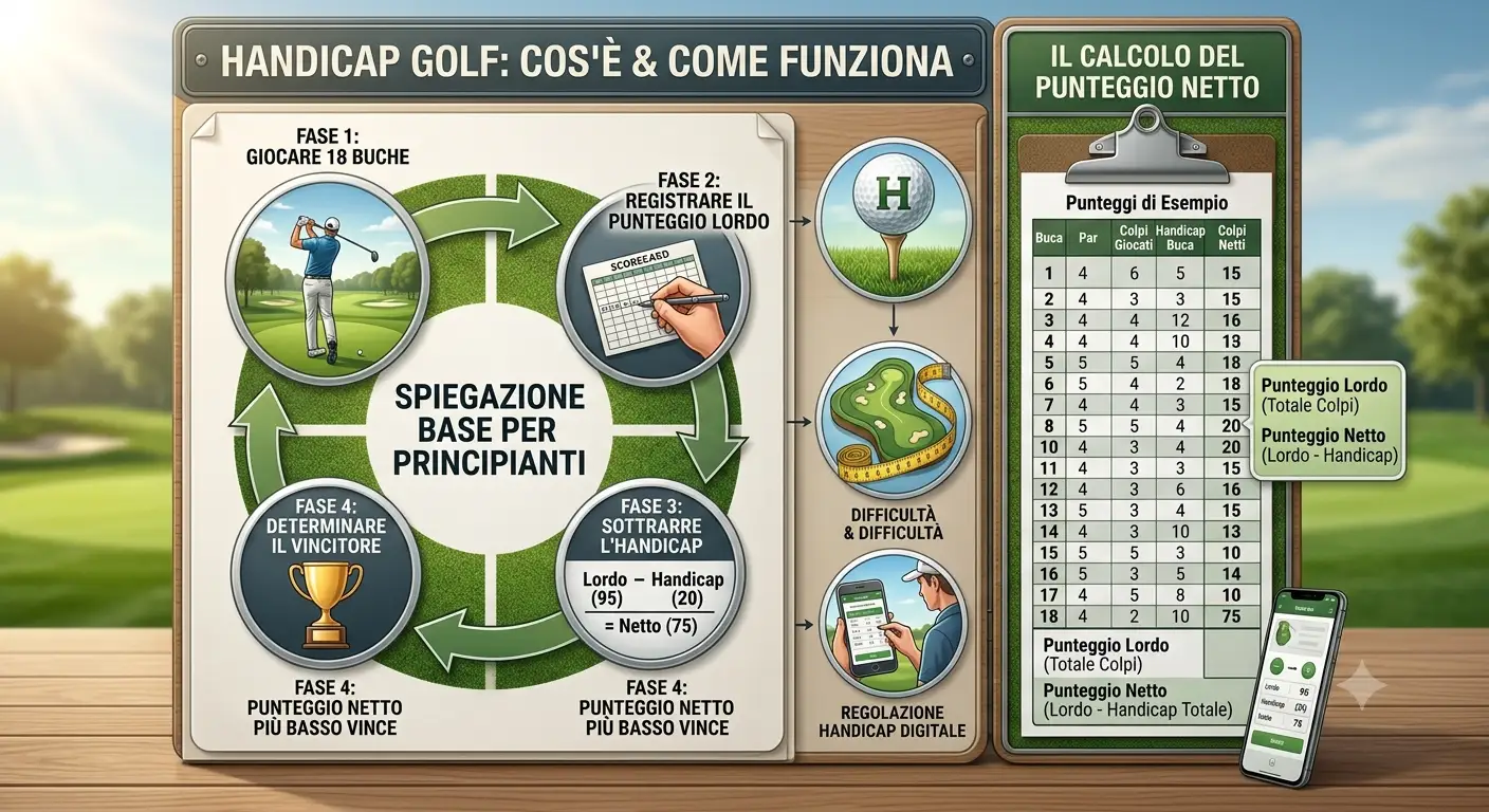Infografica su handicap golf cose e come funziona il calcolo del punteggio per principianti