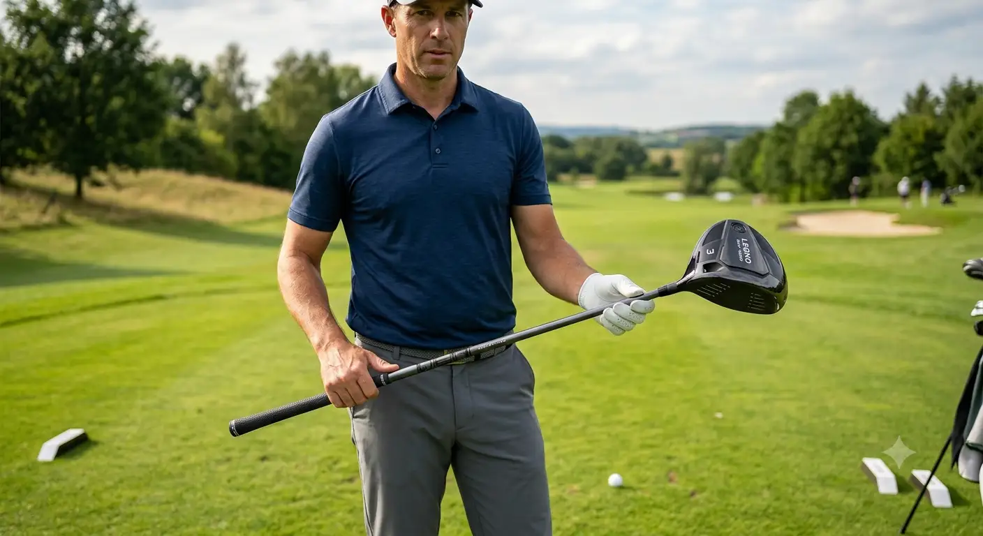 Giocatore di golf che impugna un legno 3 da golf mostrandone la testa aerodinamica e lo shaft sul campo da gioco