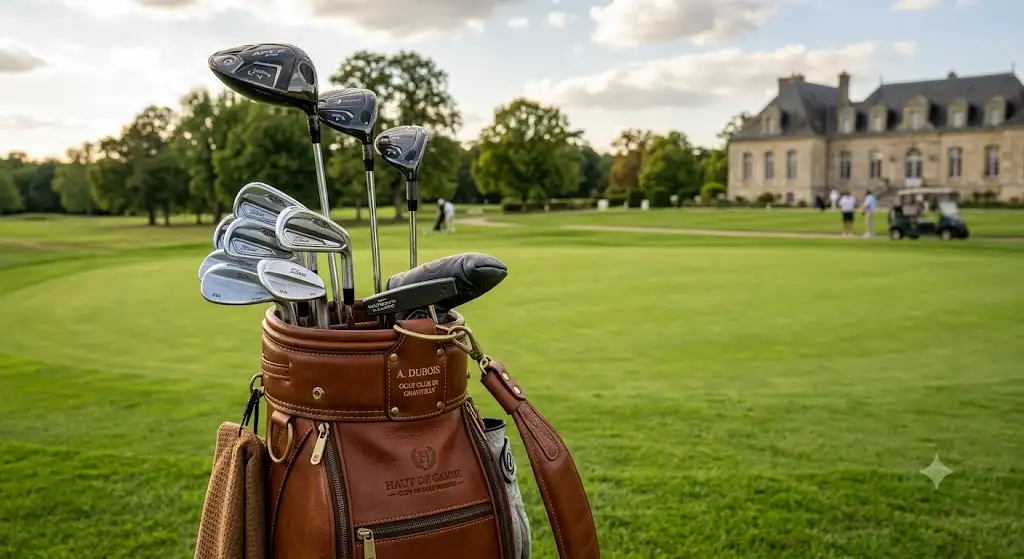 Série complète de clubs de golf premium haut de gamme disposés dans un sac en cuir élégant.