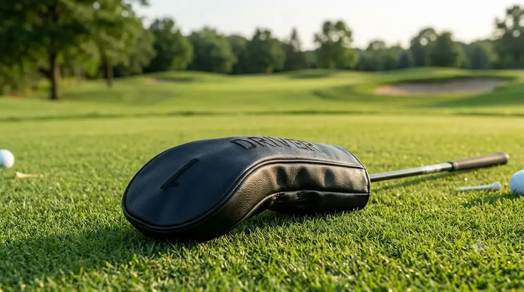 Housse de club de golf head cover en cuir noir pour driver posée sur le green.