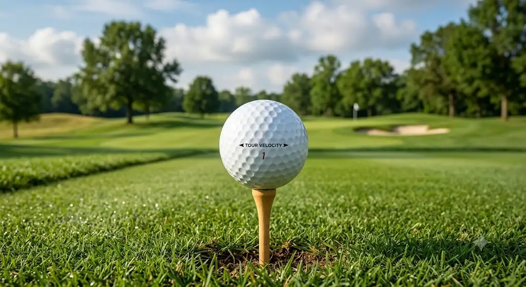 Balle de golf 2 pièces posée sur un tee en bois sur un parcours verdoyant.