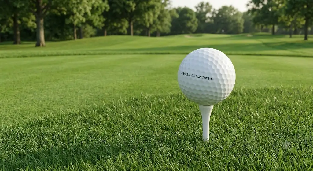 Illustration d'une balle de golf posee sur un tee, ideale pour optimiser la distance avec un grand handicap. (balle de golf distance grand handicap)