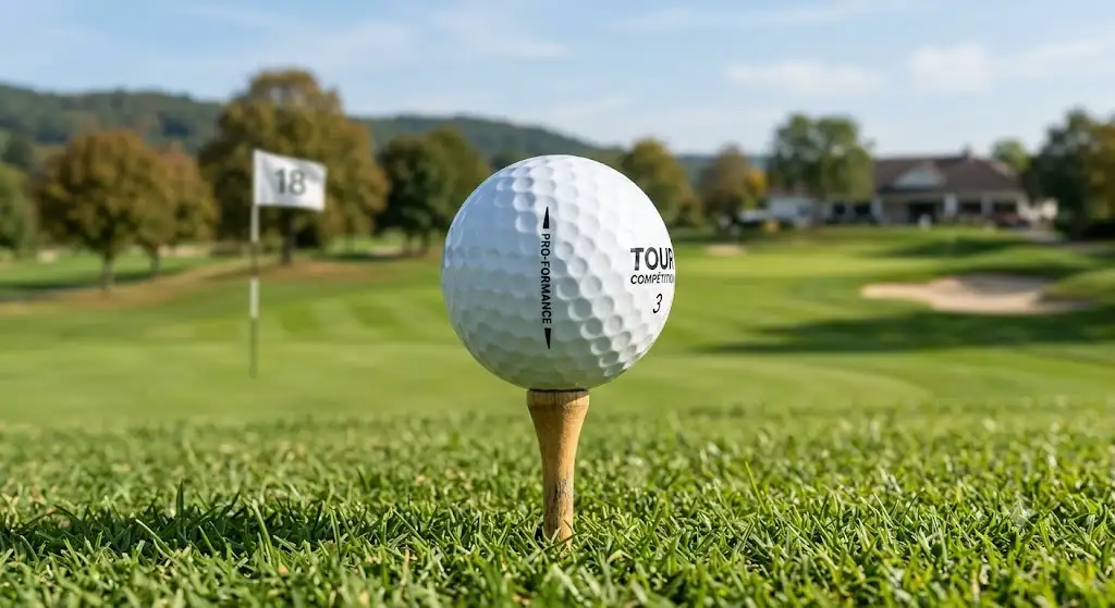 Balle de golf tour compétition posée sur un tee en bois au départ du parcours