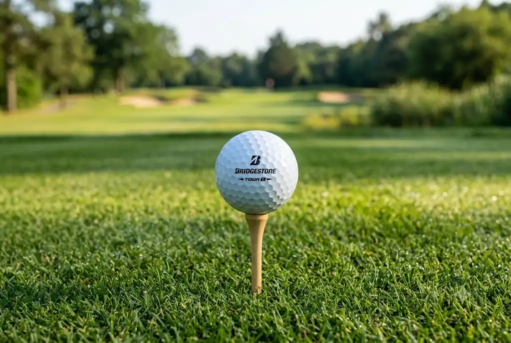 Balle de golf Bridgestone Tour B posée sur un tee en bois au départ d'un parcours