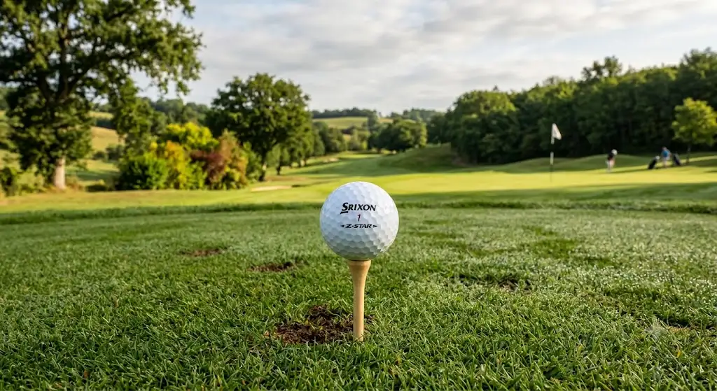 Balle de golf Srixon Z-Star posée sur un tee en bois au départ d'un parcours en France