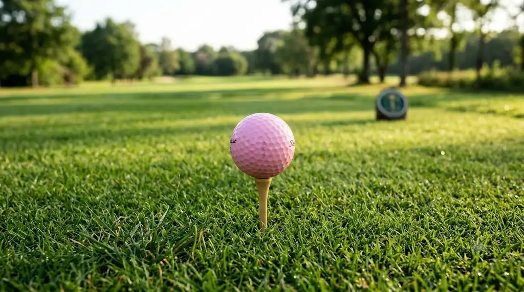 Balle de golf femme rose posée sur un tee de départ en bois au bord du fairway