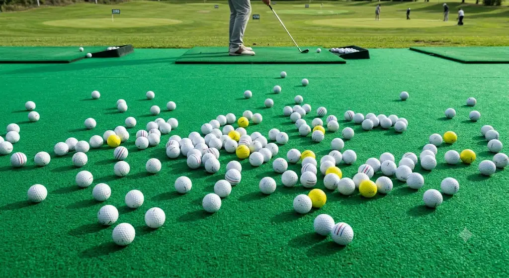 Vue d'ensemble de balles de golf d'entraînement pour practice disposées sur un tapis vert. (balle de golf entraînement practice)