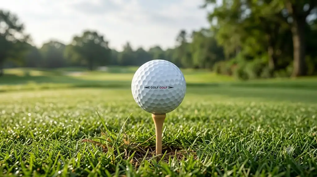balles de golf premium haut de gamme posée sur un tee au départ du parcours.