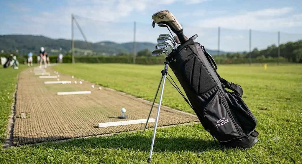 Un sac de golf léger de practice posé au bord du tapis de frappe sur un champ de tir. (sac de golf léger practice)