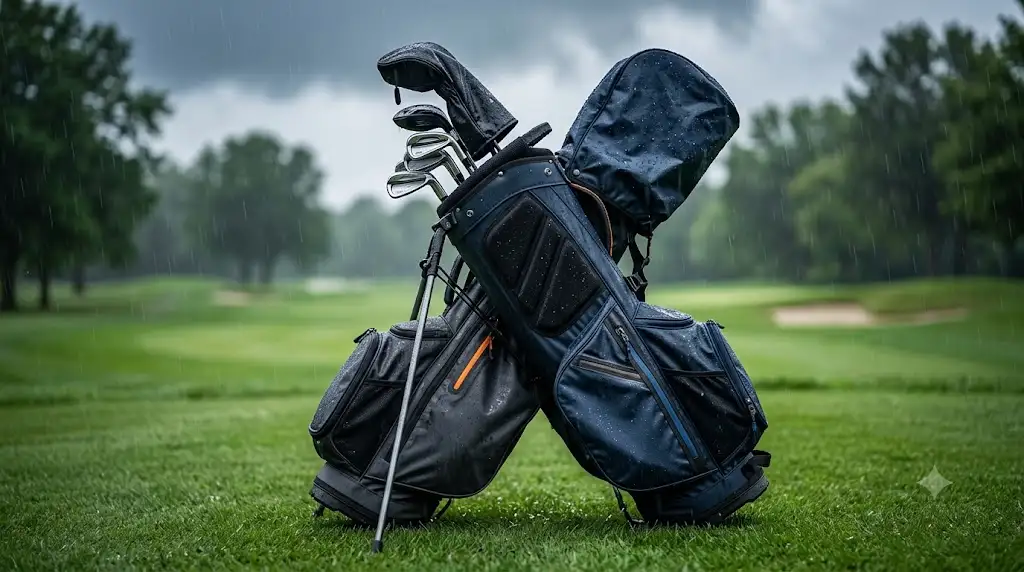 sac de golf étanche imperméable posé sur le parcours sous une averse.
