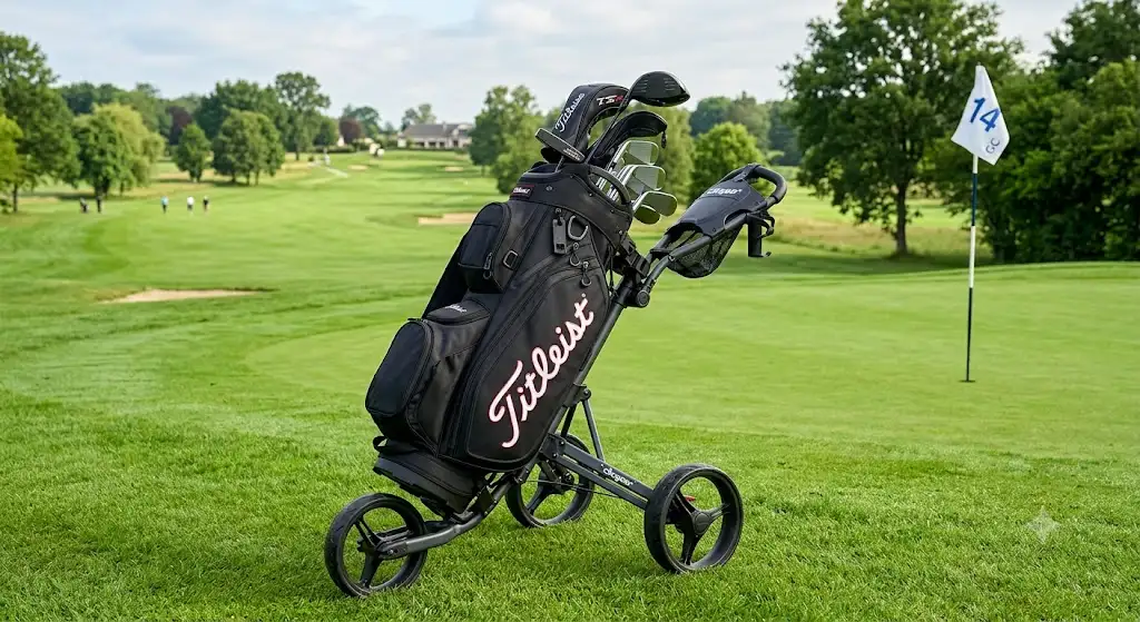 Sac de golf Titleist chariot noir pose sur un parcours verdoyant pres du green