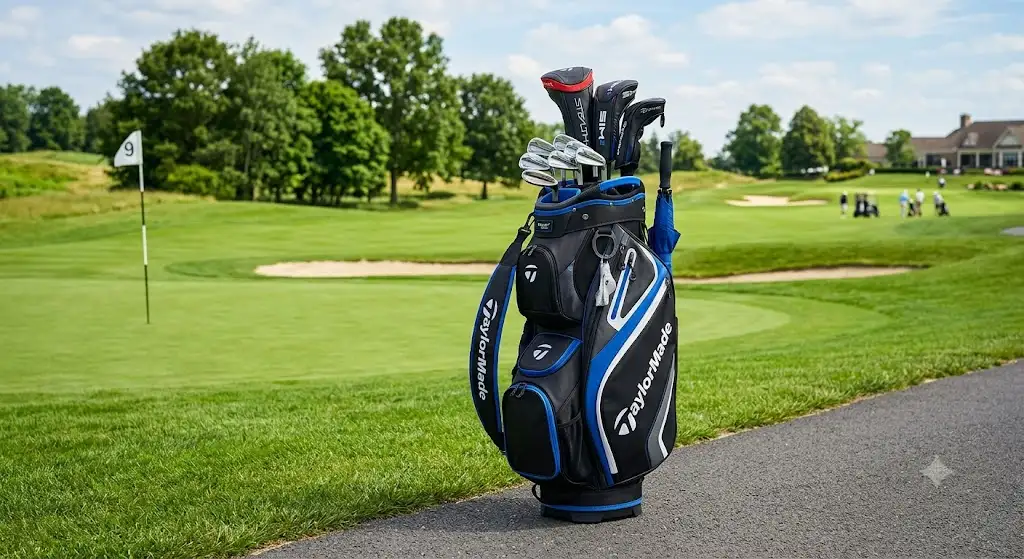 Sac de golf TaylorMade chariot noir et bleu posé sur un parcours