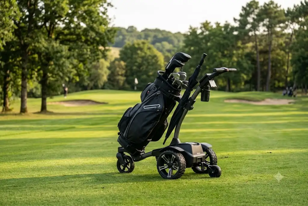 Chariot de golf électrique télécommandé en mouvement autonome sur le fairway d'un parcours français