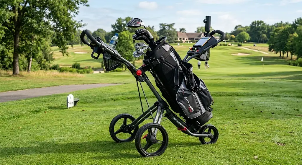 Chariot de golf manuel 3 roues pliable ultra compact ouvert sur le parcours