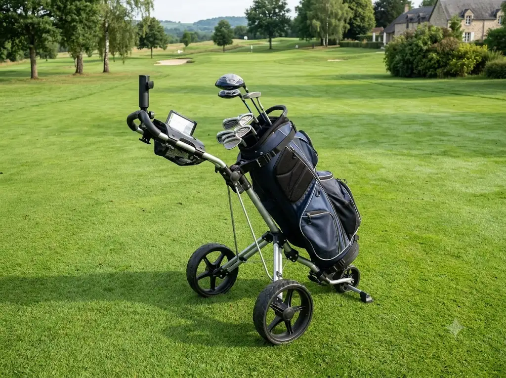 Chariot de golf manuel 2 roues compact déplié sur le fairway d'un parcours de golf en France