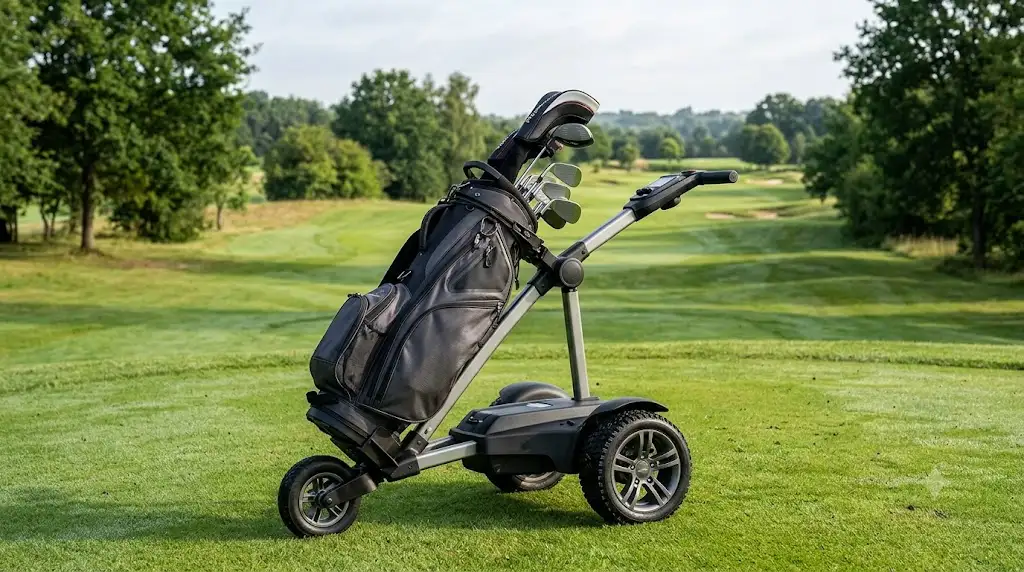 Chariot électrique Stewart Golf avec sac de golf sur le fairway d'un parcours en France