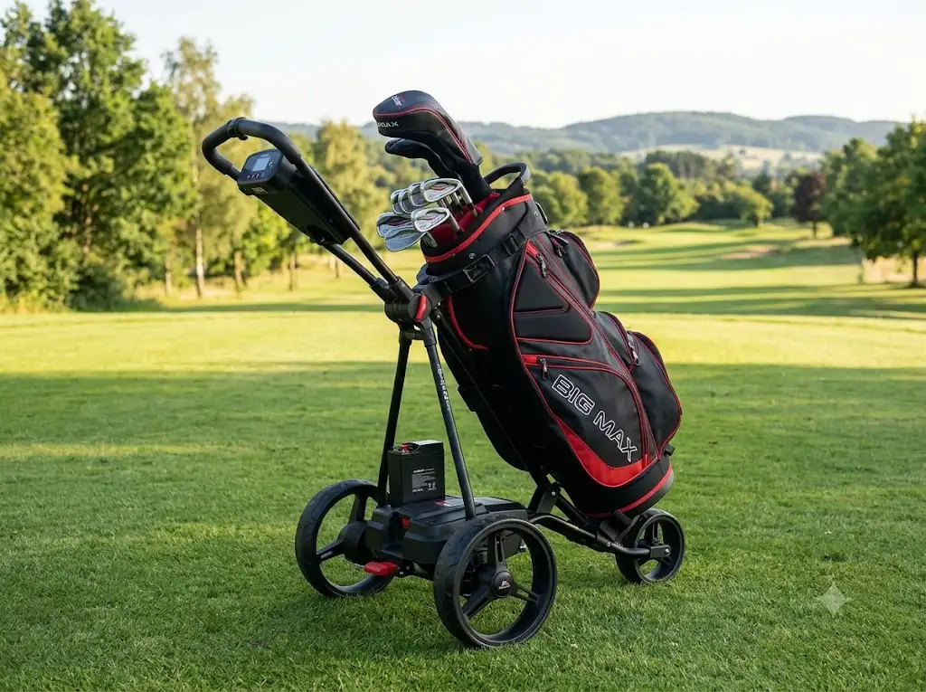 Chariot électrique Big Max Blade déplié sur le parcours de golf avec son sac de golf