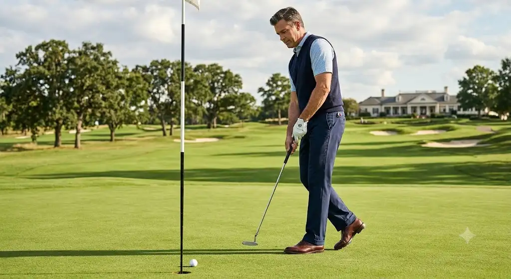 Joueur sur le green portant un pantalon de golf homme classique a la coupe droite elevee