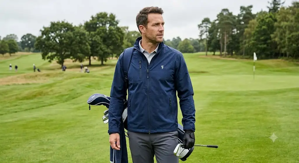Joueur de golf portant une veste de golf homme coupe-vent et imperméable bleu marine sur le parcours