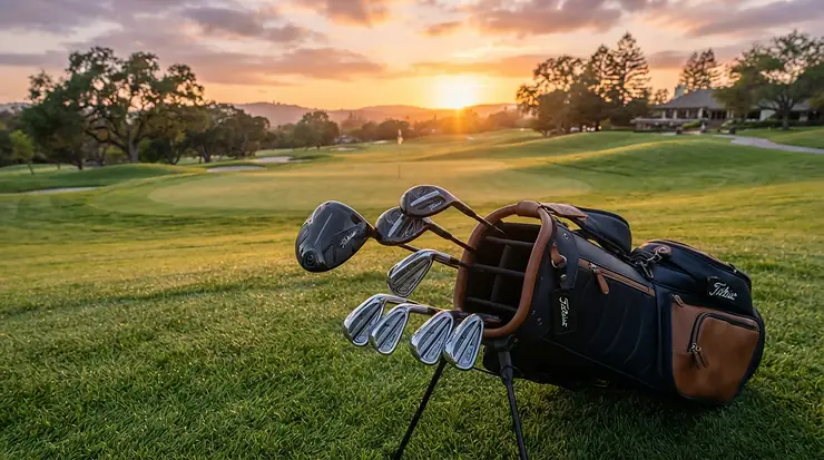 Esposizione elegante di mazze da golf premium su un campo verde durante il tramonto