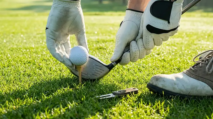 Un principiante sul campo da golf si prepara a tirare usando palline da golf a 2 pezzi per iniziare a giocare
