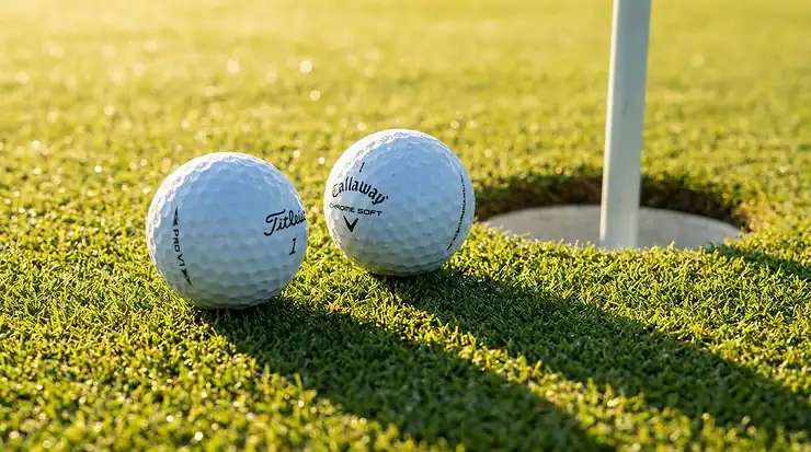 Primo piano di palline da golf a 3 pezzi su un green perfettamente curato vicino alla buca