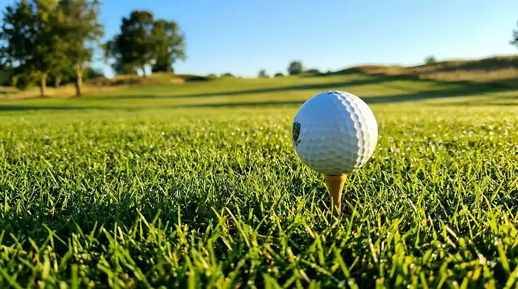 Primo piano di una palline da golf a distanza massima pronta sul tee verde per un drive potente.