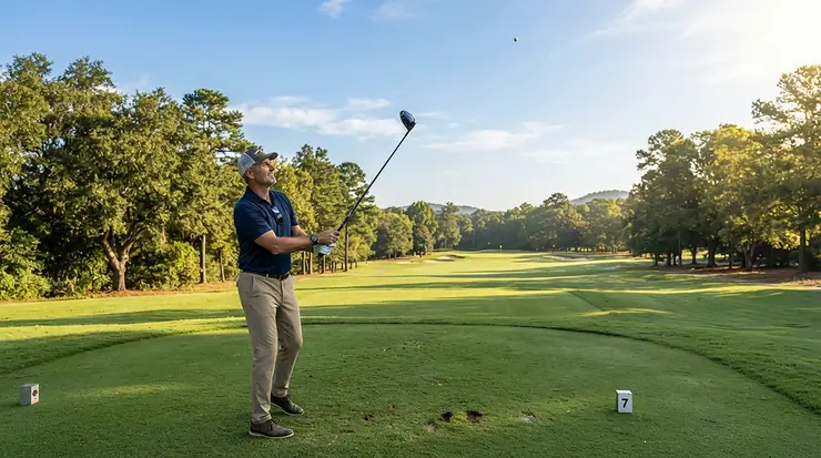 Un giocatore sul tee di partenza che osserva il volo diritto di una palline da golf alto handicap, ideale per ridurre lo slice.