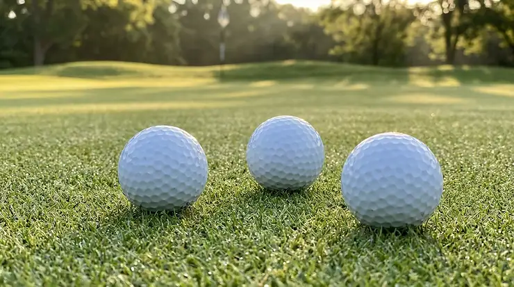 Primo piano di palline da golf soft feel posizionate sul green verde prima di un putt decisivo