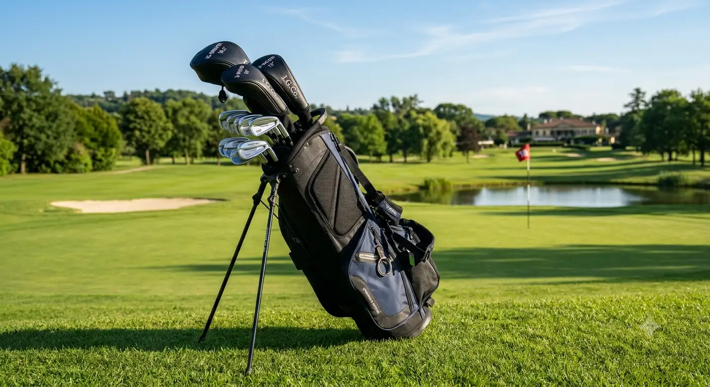 Set da golf con sacca inclusa completo di ferri e legni esposto sul green di un campo da golf