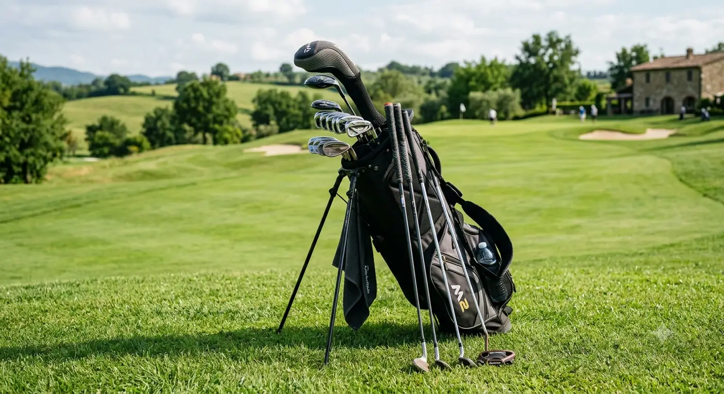 Set da golf uomo completo composto da sacca impermeabile e kit di mazze disposte su un campo da gioco